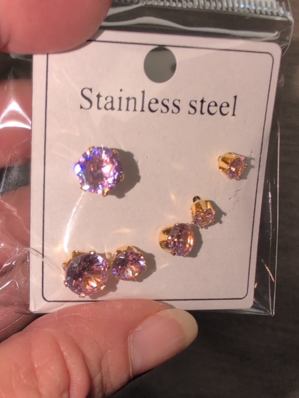 Gold Stainless Steel Pink Crystal Pierced Stud Earring Set